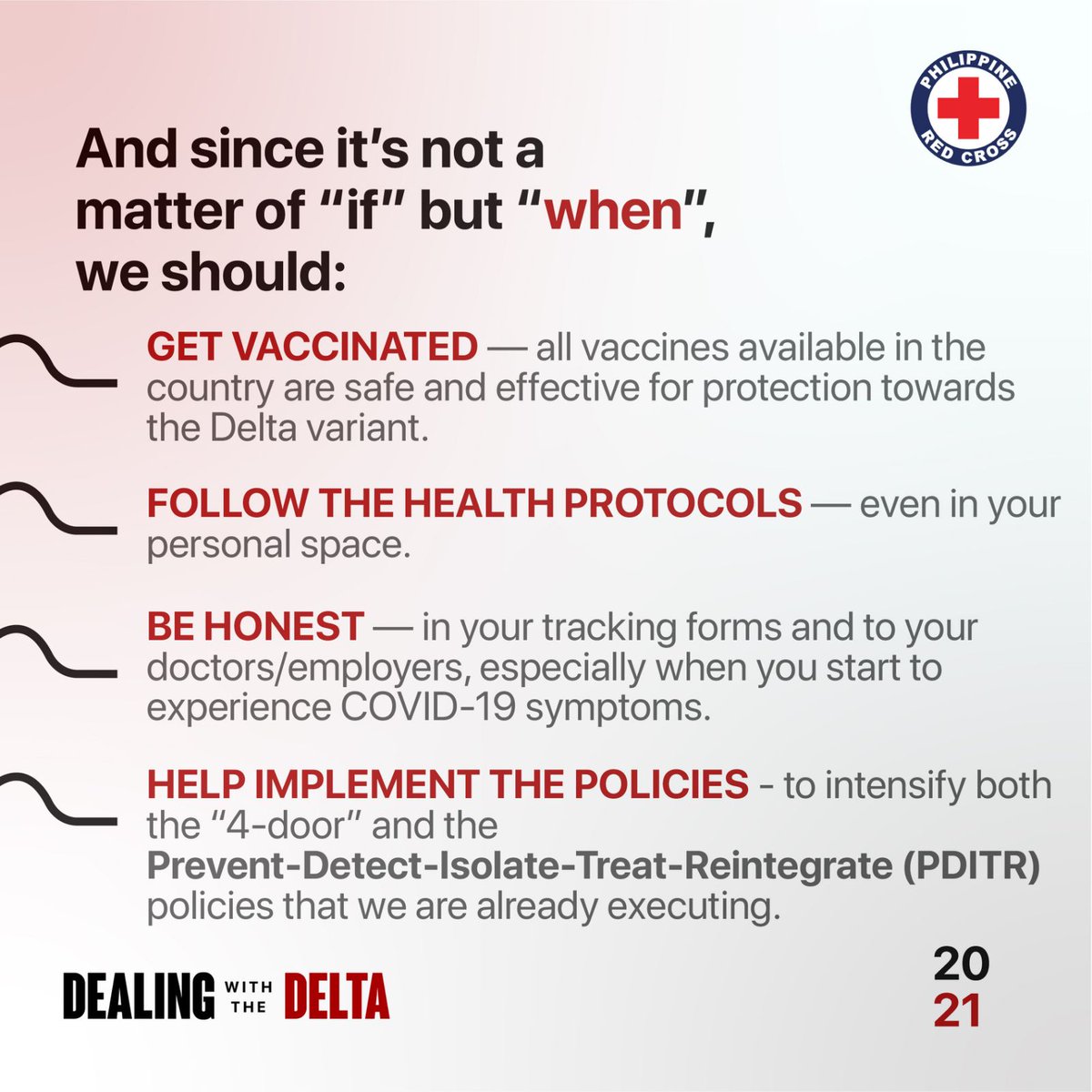 philredcross's tweet photo. How can we start "dealing" with the Delta variant? 🤔🦠 

↪️ Swipe through the photos to find out the what, where, when, how, and why’s! 

#DeltaVariant #AlwaysFirstAlwaysReadyAlwaysThere #HopeBeginsWithTheRedCross #COVID19Update https://t.co/anFDls2Adb