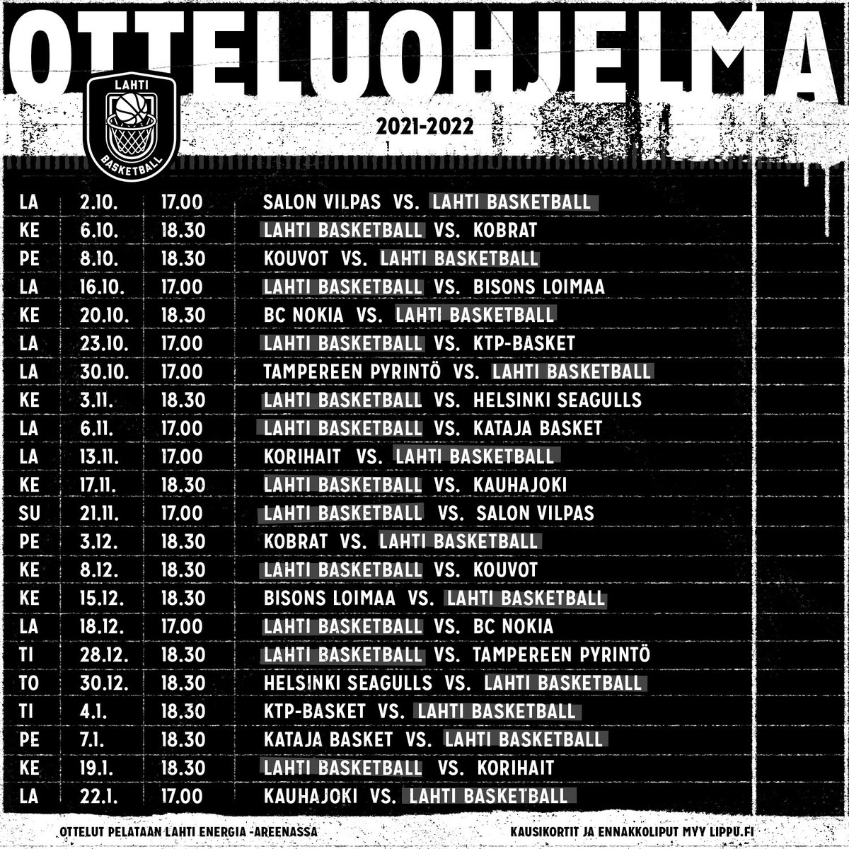 Kalenteri auki ja nämä juhlapäivät ylös.

Ennakkoliput ja kausikortit myy <a href="/lippu_fi/">lippu.fi</a> 

Kausikortit tulevat myyntiin piakkoin. 

Vieraspelit näyttää <a href="/RuutuUrheilu/">Ruutu Urheilu</a> 

#lahtibasketball 
#korisliiga