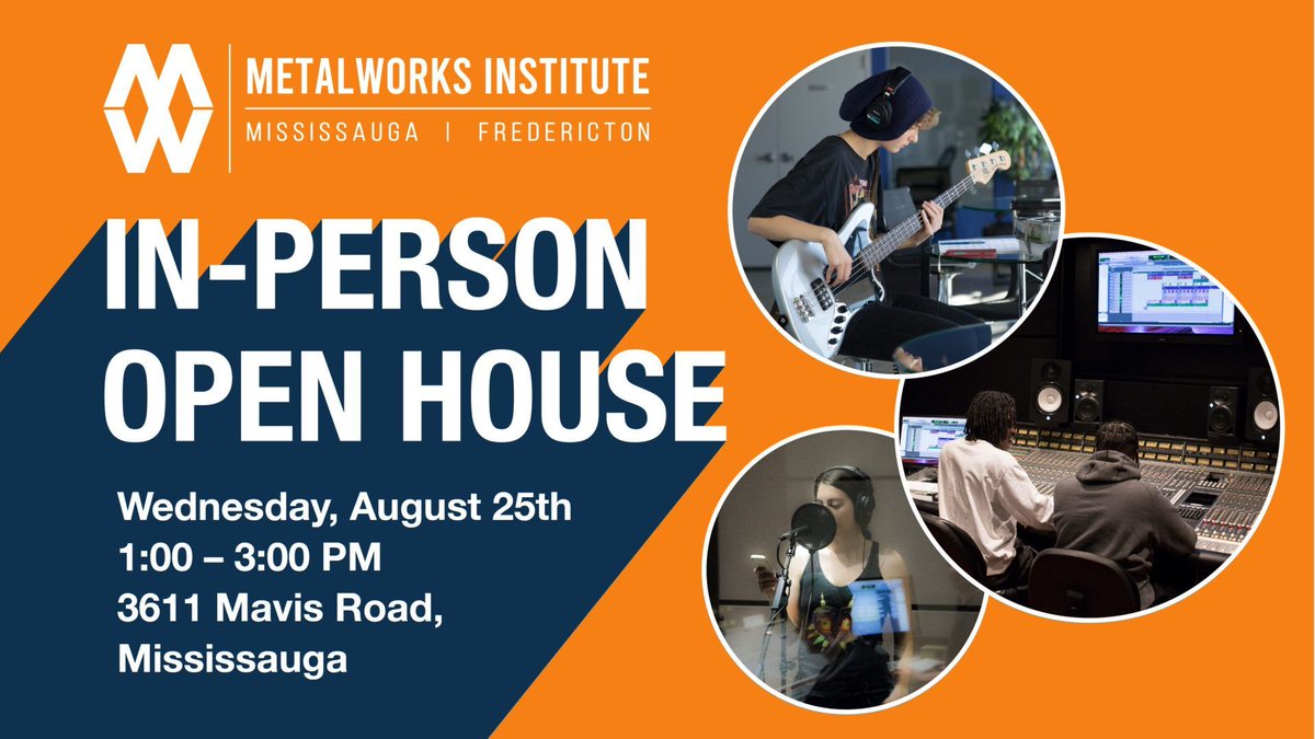 You're invited to our in-person Open House on August 25th at 1:00 PM!
Tour the Metalworks Institute campus, meet our staff, and apply for classes starting #September2021.🎵 🎧 🎙️

Register online buff.ly/3Anqrp7

#OpenHouse #College #Mississauga #MusicEducation