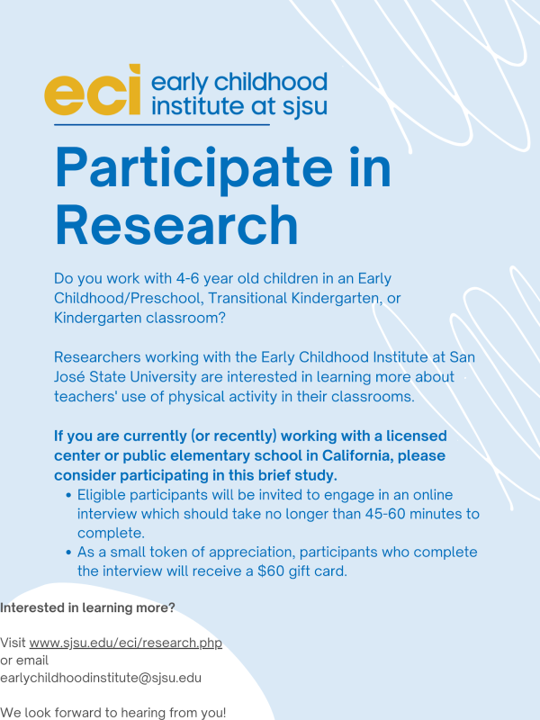 amyaugust919's tweet photo. If you're an early childhood/preschool, transitional kindergarten, or kindergarten teacher in California, please consider participating in our new study on physical activity in the classroom: https://t.co/I1ZvMxYhGV https://t.co/gflEYzLgOz