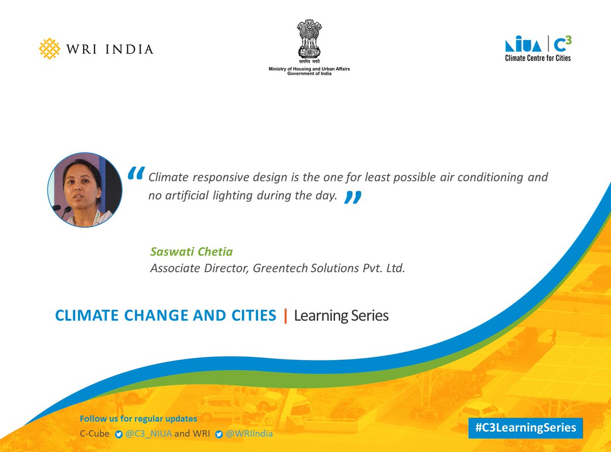 WRIIndia's tweet photo. On the 4th session of @C3_NIUA & @WRIIndia's #C3LearningSeries, @DhilonSubraman1 & @SaswatiChetia spoke about #buildingefficiency & #cleanenergy initiatives undertaken in different cities & their experiences on the process of implementation, challenges faced & learnings. https://t.co/WrXVeOgzNz