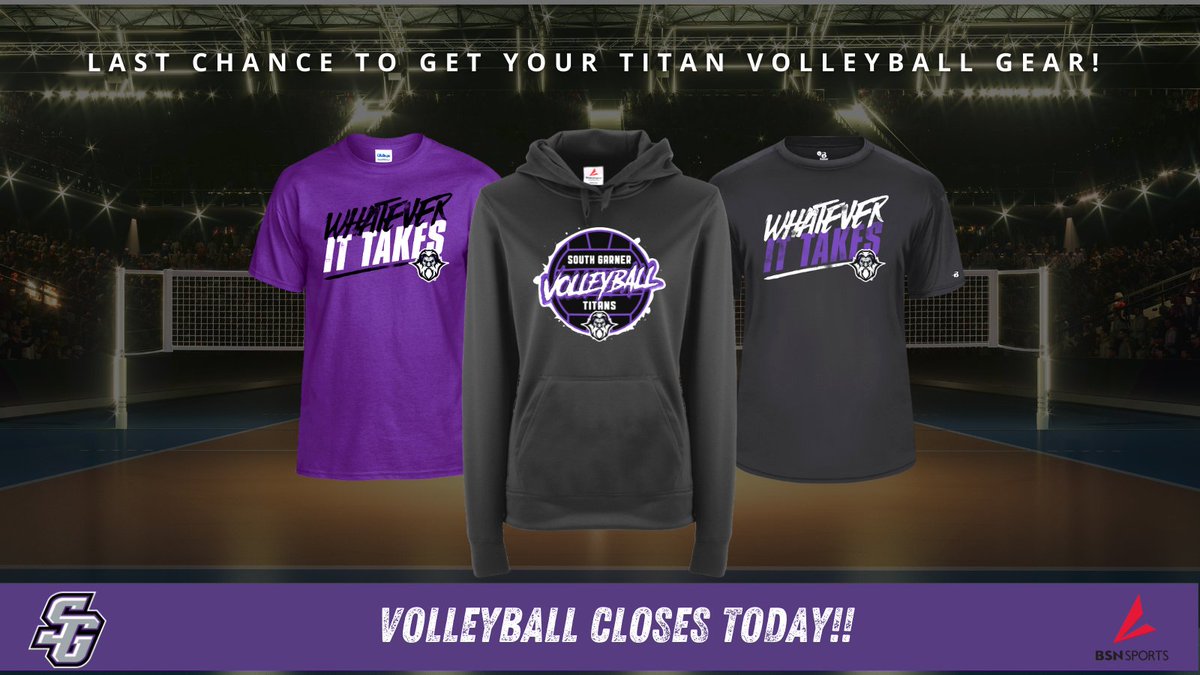You have a little bit of time left! Get your Titan Volleyball Gear ASAP! Don't miss out on awesome gear! We would love your support!
#PurpleReign #TitanPride #TitanFamily #TitanUp <a href="/SouthGarnerAD/">SGHS Athletics</a> <a href="/SouthGarnerHS/">South Garner High School</a> 

bsnteamsports.com/shop/SG21VB2