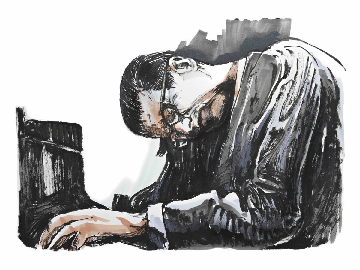 Elmojojo's tweet image. Bill Evans portrait paint with calligraphy brush. Painting of Bill Evans youtu.be/whKgHBm5z9A
