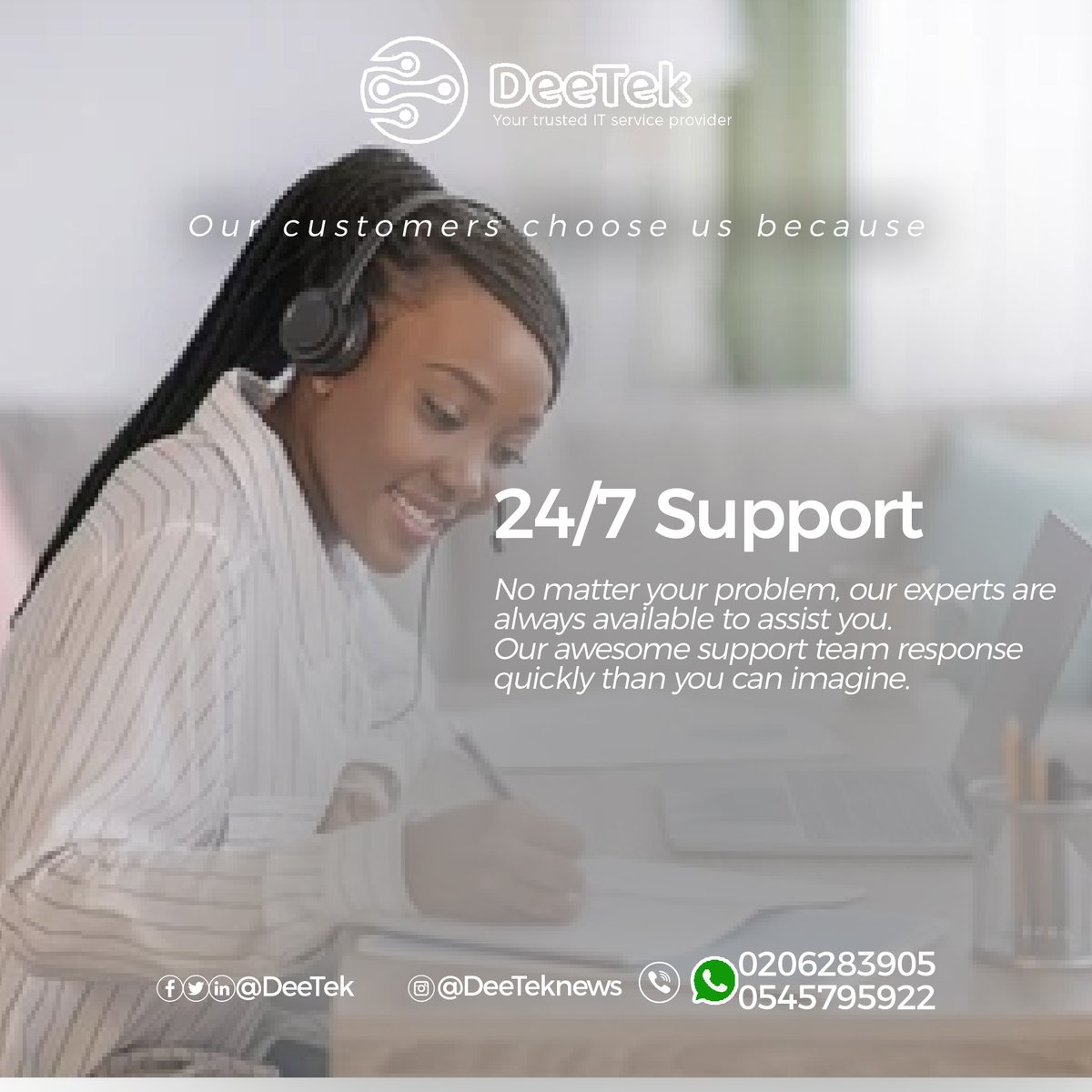 DeeTek3's tweet photo. We are always available to assist you. Our clients can bet on that. What are you waiting for. Let's go digital, let's go DeeTek

#support #keepgaining #digitalmarketing #ict https://t.co/WbfZXSiGck