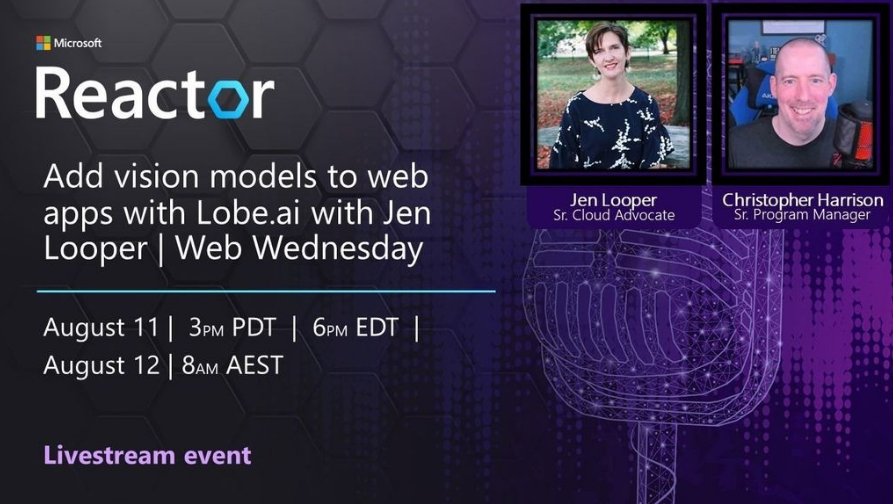MSFTReactor's tweet photo. Don't miss out on this week's Web Wednesday with @GeekTrainer and @jenlooper 🤩
Learn about how to leverage AI in web applications with #LobeAI, a free service, and how to create your own project!
Sign up here: https://t.co/zhDcxC4B1a https://t.co/MRinMwdSsV