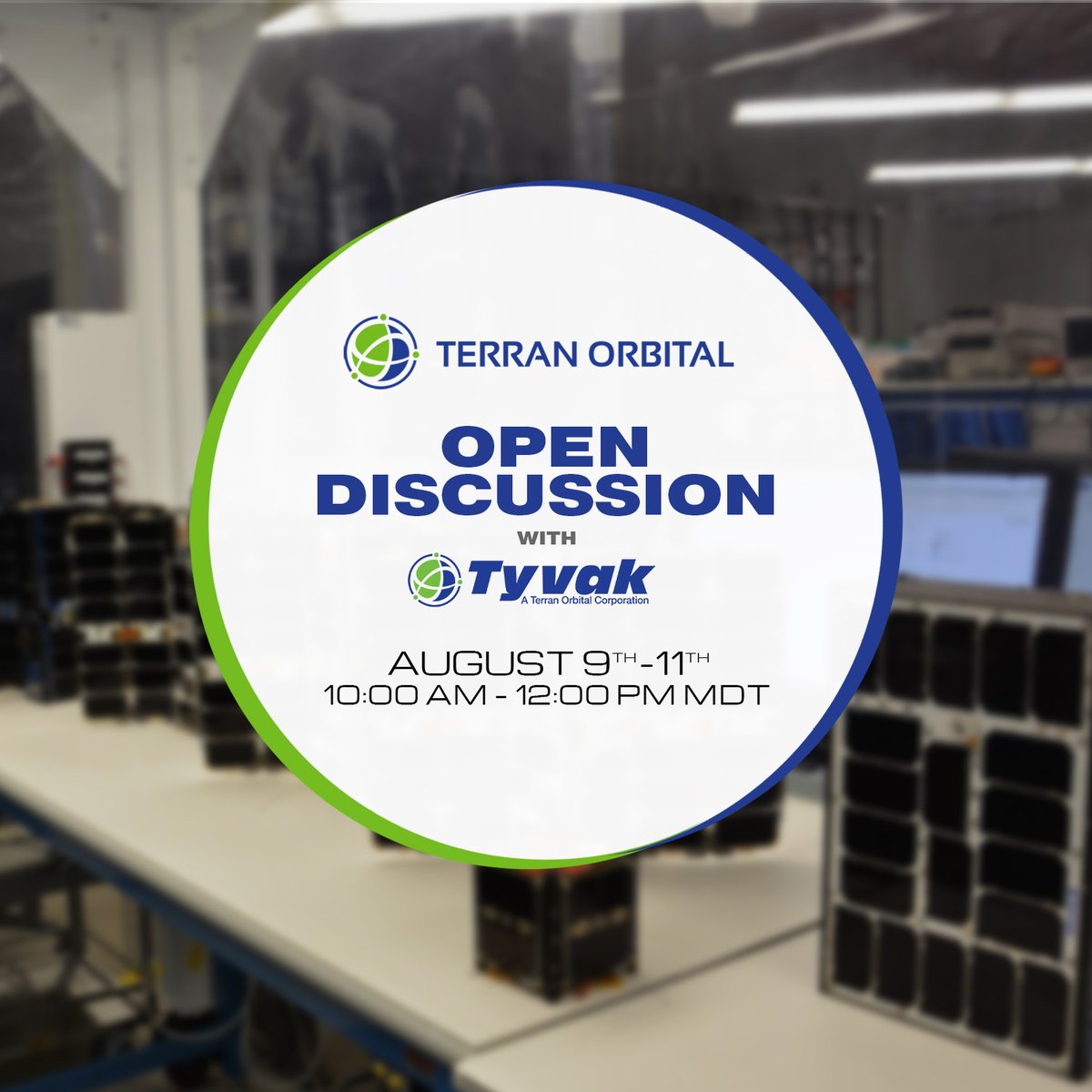 Want to chat with us during <a href="/SmallSat/">Small Satellite Conference</a> 2021?   
Tune in LIVE to watch:
Open Discussion with Tyvak
Webex: bit.ly/smallsatTyvak
Meeting number (access code): 199 493 7777 
Meeting password: rMtQKiPS286  
August 9th  – 11th | 10:00am - 12:00pm MDT