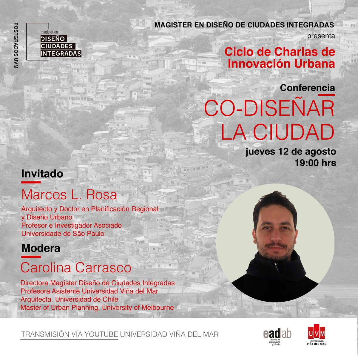 ESTE JUEVES!
🗓️ AGO 09 | 19.00 h
Conferencia: CO-DISEÑAR LA CIUDAD

A cargo del arquitecto brasileño Marcos Rosa, doctor en planificación regional y diseño urbano.

Transmisión en directo vía Youtube: youtube.com/watch?v=CxynUs…