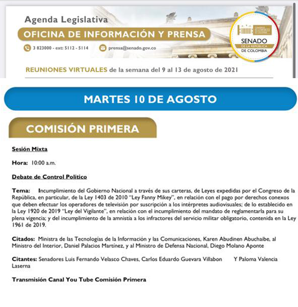 Mañana martes 10-ago a las 10 am se realizará un debate de control político por el incumplimiento del Gobierno Nacional en relación con el NO pago del derecho de remuneración de la #Ley1403 por parte de los cableoperadores más grandes del país.

Ver en YT ow.ly/bHW950FMdJP