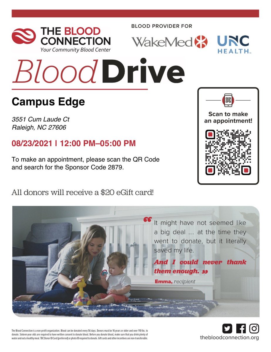 Campus Edge is partnering with <a href="/BloodConnection/">The Blood Connection</a> on August 23rd, 2021 from 12:00 PM to 5:00 PM!! 

Save lives &amp; get a $20 Egift card for donating blood!🩸💪
 
REGISTER HERE⤵️: donate.thebloodconnection.org/donor/schedule…