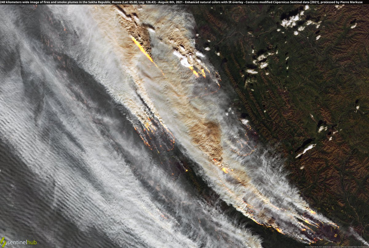 🟠 248 kilometers wide satellite image of #fires🔥 and smoke plumes in the #SakhaRepublic, #Russia🇷🇺 8 August 2021 #Copernicus🇪🇺 #Sentinel-2🛰️ Full-size ➡️ flic.kr/p/2mg75Jq #OpenData #scicomm #wildfire #СибирьГорит