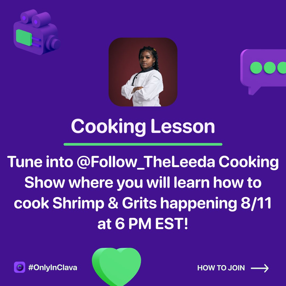 Clava_App_'s tweet photo. We have a lot of Lives going on in @Clava_App_ this week!
- 4 Magic Shows
- 1 Cooking Class where you'll learn how to cook Shrimp & Grits for only $1!
- Dancing Show
#OnlyInClava
LINK IN THE BIO TO DOWNLOAD CLAVA! CREATE AN ACCOUNT AND ACCEPT NOTIFICATIONS TO GET NOTIFED. https://t.co/9GKCP2smy1