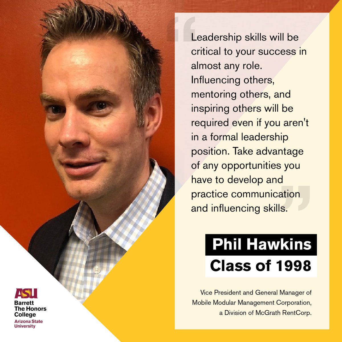 barretthonors's tweet photo. For this week’s feature of #NetworkingMonday, Phil Hawkins, Barrett alum ‘98, shares advice for students and other alums about practicing leadership, communication, and influencing skills. #BarrettAlumni #WeAreBarrett #Networking https://t.co/y7rRbAzHkI