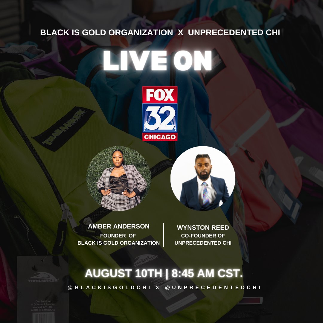 BlackIsGoldChi's tweet photo. Don't forget to set your alarms for tomorrow at 8:45 AM CST. so that you can watch our founder @amberanderson__ and @UnprecedentedC1 co-founder @__Wynnn on Fox 32 News. Tune in to learn more about our upcoming Community Day sponsored by Foot Locker Chicago. #CommunityDay🖤✨ https://t.co/R9xCIv2XXU