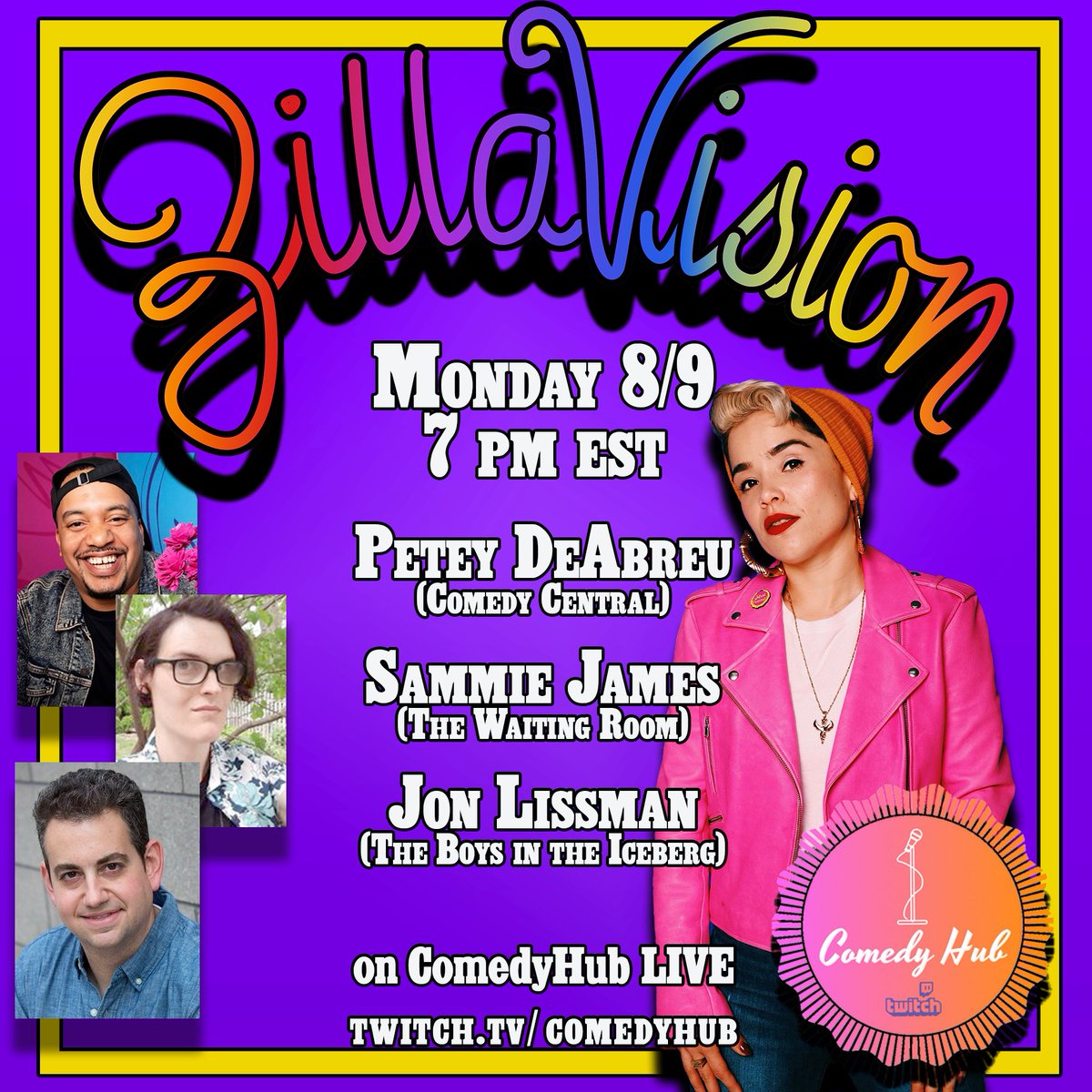 ComedyHubLive's tweet photo. Tonight on #twitch 

4PM PT/7pm ET Zillivision Ft. @SammieSamJames Jon Lissman(@BoysIceberg) &amp; Petey "no Twitter" DeAbreu w/ Host @ZillaVodnas 

5PM PT/ 8PM ET Digital Slumber Party **Special TIme** w/ @AnthonyKapfer &amp; @eyewish_ 

6PM PT/ 9PM ET  Quadrennial Summer Comedy Games https://t.co/5OJwQtDWdj