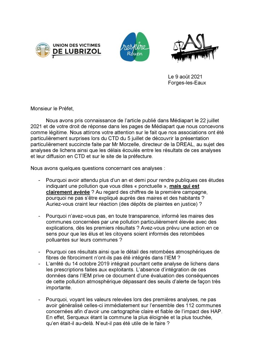 UVLubrizol's tweet photo. En toute #transparence, courrier envoyé ce jour avec @UVLubrizol, @ASL_Rouen  &amp; @RouenRespire à propos des analyses lichens et du suivi santé. Nous attendons de vraies réponses Mr Le Préfet. Le @gouvernementFR a eu lui aussi une copie #santé #lubrizol #Rouen #pollution #medias https://t.co/ws9Qzpnaun