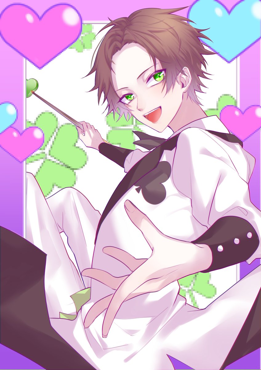 1boy male focus green eyes brown hair solo spade (shape) smile  illustration images