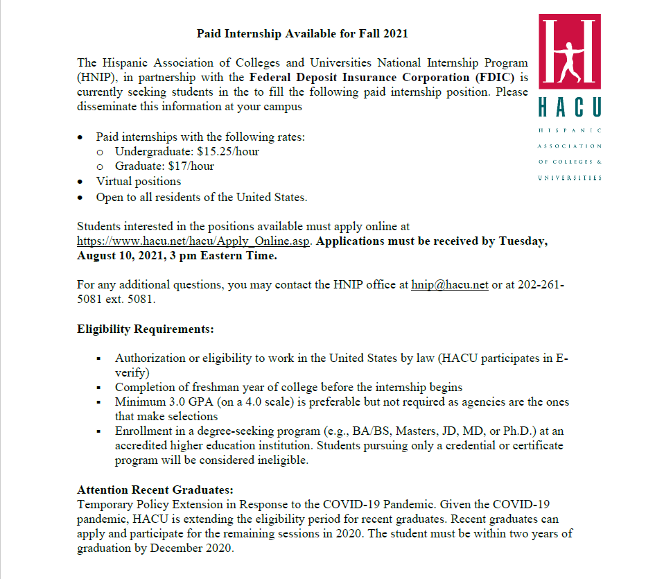 OLLUCareer's tweet photo. HACU is partnering with the Federal Deposit Insurance Corporation (FDIC) to provide paid internships for students. Interested applicants can apply online using the  information in the flyer #OLLU #WingsUp #HireAsaint #HACU https://t.co/xeJjzc16ov