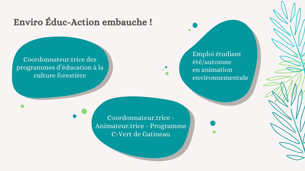 🎉 💼  Enviro Éduc-Action embauche!!! 💼  🎉 
😁 Pour consulter tous les postes et avoir plus de détails à propos de ceux-ci, clique ici:  enviroeducaction.org/communiques-de… 
📩 Soumets ta candidature avant le 15 août, à Geneviève Carrier, l'adresse suivante: gcarrier@enviroeducaction.org