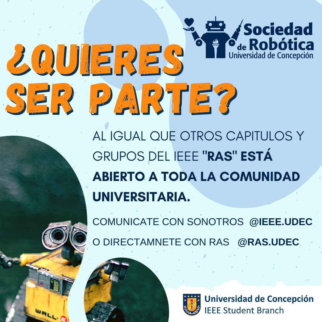 ieee_udec's tweet photo. 🤖Te presentamos @ras.udec un capítulo técnico del IEEE🙌
✨Cualquier alumno de la UdeC puede ser parte de este grandioso grupo🦾✨
✨Quieres unirte? 🤖Háblanos o comunícate con @ras.udec ✨
#ieee #ieeemember #ieeeras #ras #ieeechile #udec #udechile #ieeeudec #robotica https://t.co/kPvXKWwxUU