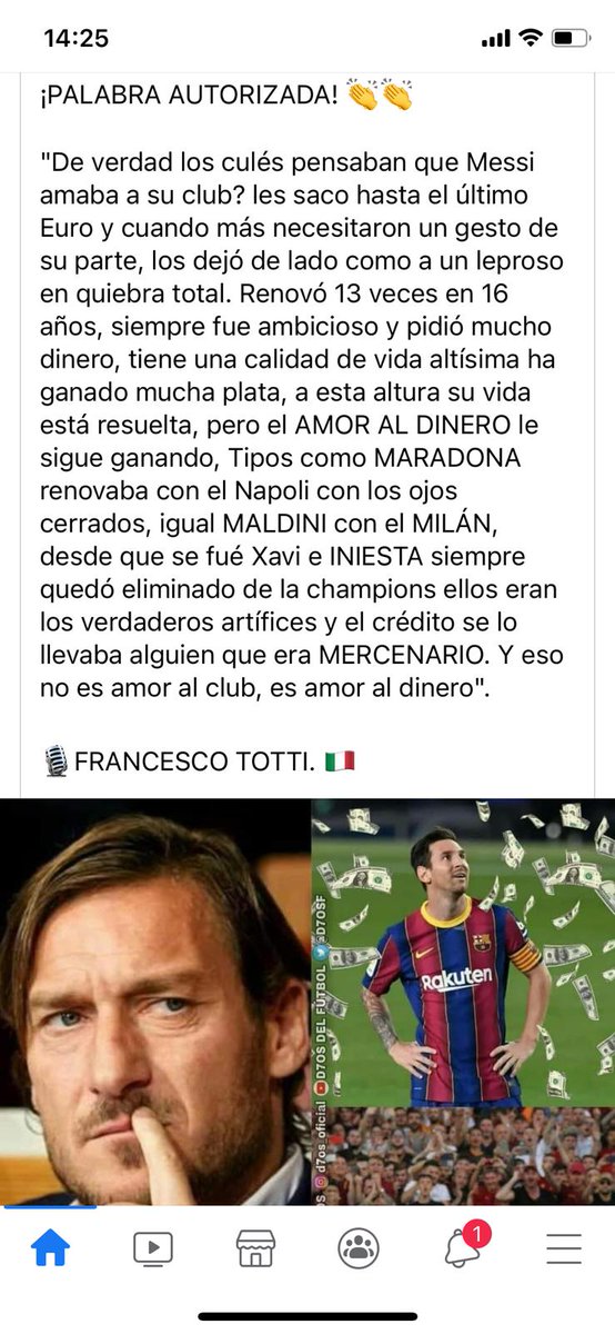 Guaschcope's tweet photo. Pienso parecido. No tuve éxito cuando dije que no hubiera estado mal jugar dos años gratis, irse a Miami y cobrar luego, y de por vida, en plan embajador vitalicio del Barça y sus colonias. También en eso hubiese sido único. Muy de Totti. https://t.co/I1Z1InLYYf