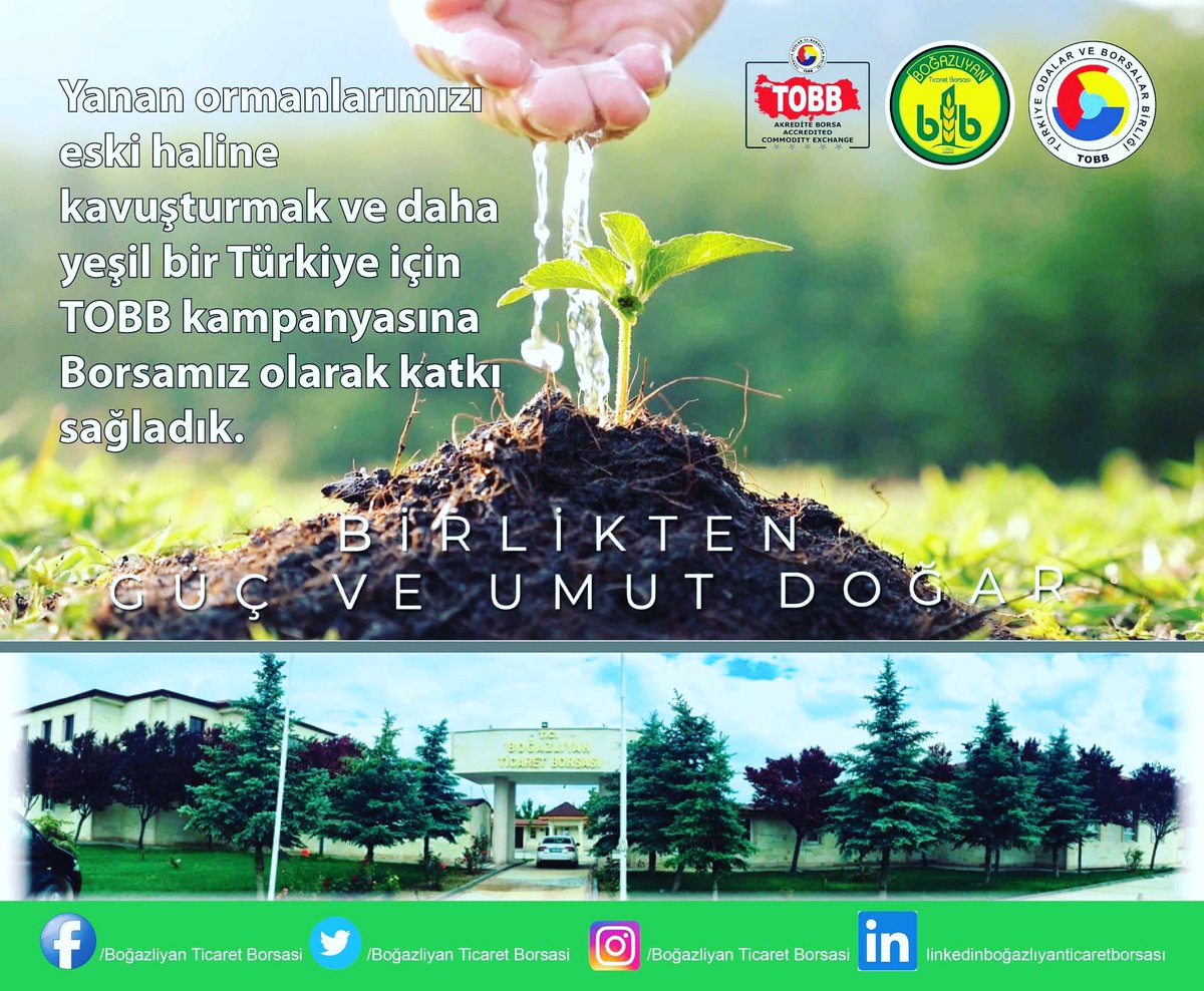 bogazliyanticb1's tweet photo. Yanan ormanlarımızı eski haline kavuşturmak ve daha yeşil bir Türkiye için 
TOBB kampanyasına Borsamız olarak katkı sağladık.  
#GeçmişOlsunTürkiye 
@TOBBiletisim 
@RHisarciklioglu 
@HarunHalc6 
@volkan__tufan 
@kksal76713975 https://t.co/6iB3FJqYj2