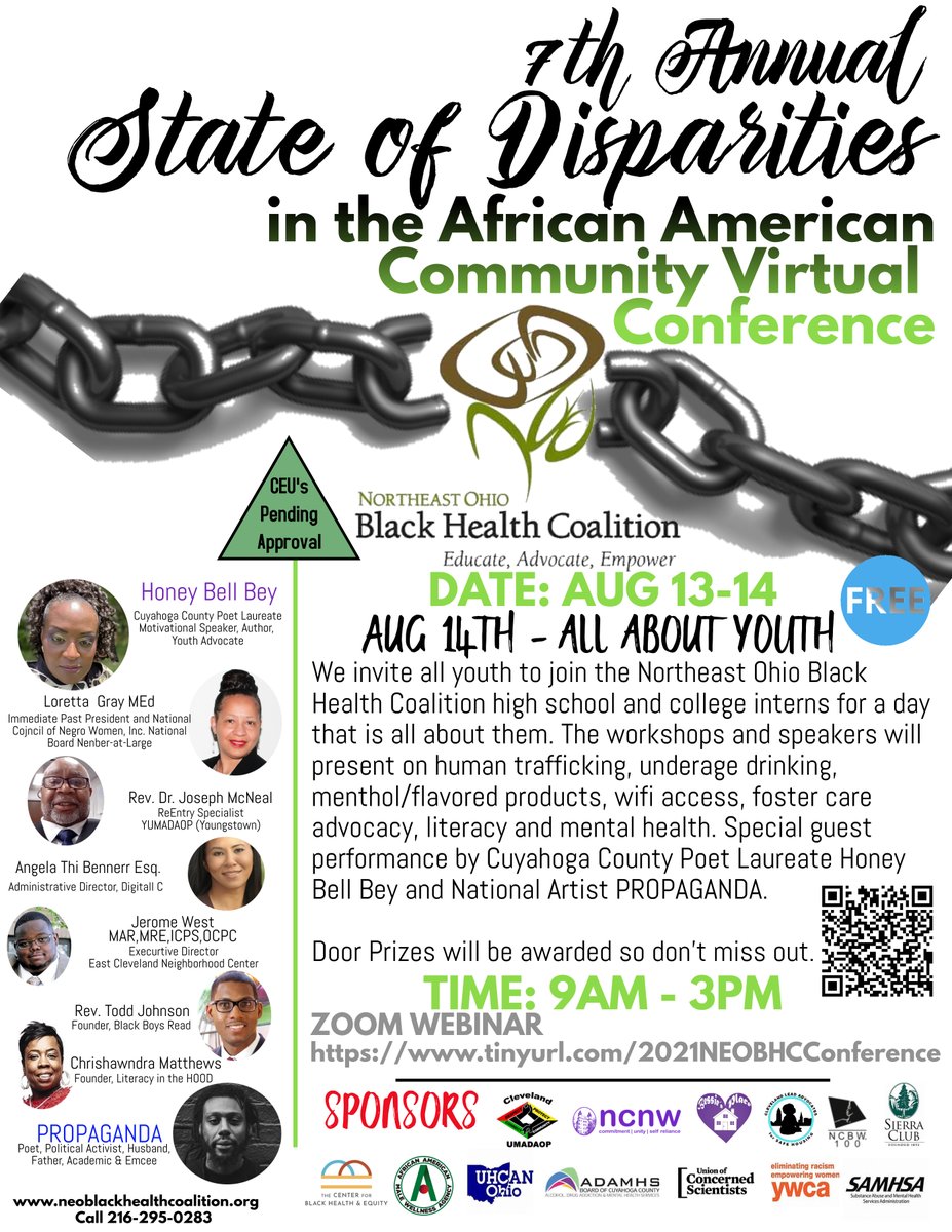 NEOBlackHealth's tweet photo. Join the Northeast Ohio Black Health Coalition for our 7th Annual State of Disparities in the African American Community Conference. This FREE conference Zoom Webinar 13-14th of August at 9 a.m. 
Register at https://t.co/rx6ERBCuEZ https://t.co/0pIi0E2rvT