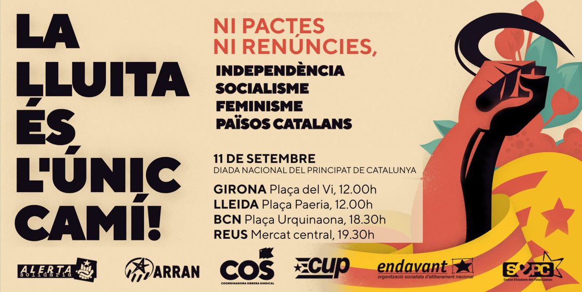 🔴 El proper #11S2021 l’Esquerra Independentista organitzem mobilitzacions arreu del territori. 

#NiPactesNiRenúncies, la lluita és l’únic camí cap a la construcció d’uns Països Catalans Socialistes i Feministes! ✊🏽