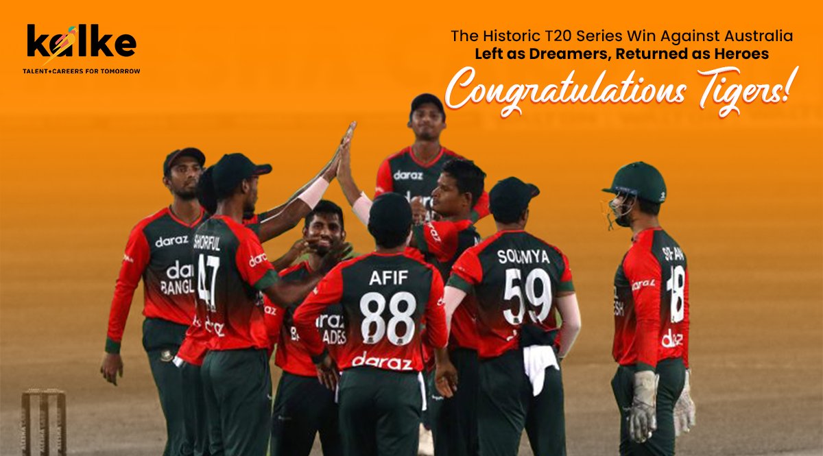 kalkeHR's tweet photo. This is how dreamers become heroes with dedication and perseverance!

#Congratulations to the Bangladesh Cricket Team on your historic T-20 series victory against mighty Australia. May this achievement pave the way for many more to follow.

#BANvsAUS #t20 #Bangladesh #cricket https://t.co/khW1Q7JPDe