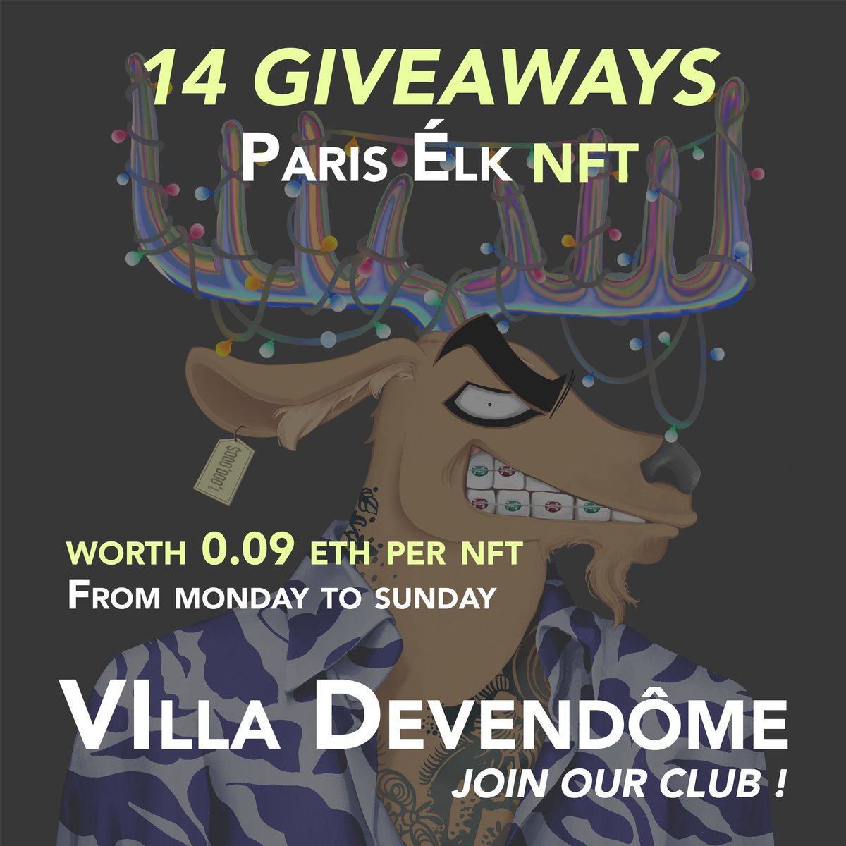 villadevendome's tweet photo. 🚨 GIVEAWAY of 1 Paris ELK NFT twice per day until Sunday Aug 15th! 

1. Follow @Villadevendome, Retweet &amp; tag some friends 
2. Go to discord &amp; invite 2 friends (if you haven't) 
3. Go to the giveaway channel and react!

Discord: https://t.co/P2s2jrvY8h
#pariselk https://t.co/azFlMV7hOH