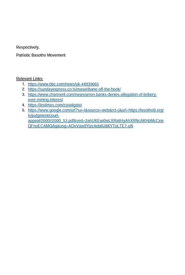 YourKayBol's tweet photo. Patriotic Basotho Movement has written to Italy's ministry of foreign affairs urging it to take immediate steps to stop Thesele 'Maseribane from setting foot in Italy to perform ambassadorial duties for Lesotho.
The movement claims 'Maseribane is implicated in various crimes. https://t.co/VZQrOgqKn1