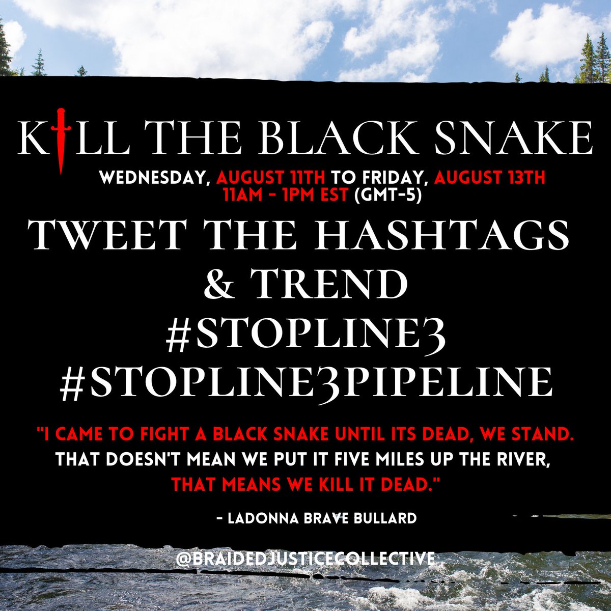 braidedjustice's tweet image. Put it in your calendars: 8/11-8/13, we're raising awareness every day from 11am-1pm (est). 

We need these hashtags to trend.

Tweet scripts at the link in our bio.

#stopline3pipeline
#stopline3