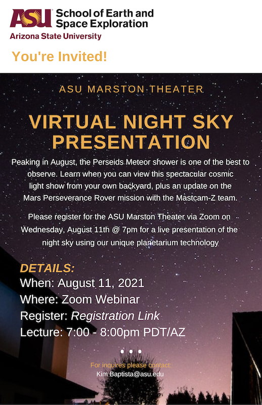 MissionToPsyche's tweet photo. Looking 👀 for an excuse to stargaze?  Join @SESEASU on August 11th @ 7pm for some out-of-this-world 🌍entertainment!!

Register with this link: https://t.co/J0VzuZDDNl 

#stargaze #nightime #Perseids #meteorshower #perserverancerover https://t.co/0YN1ZJceDT