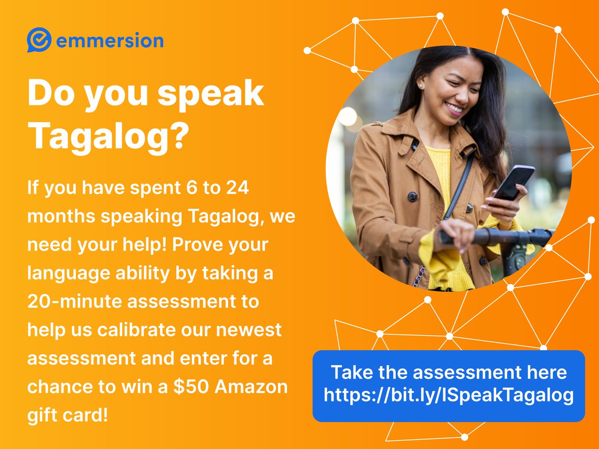 Do you speak Tagalog? 
If you spent 6 to 24 months speaking Tagalog, we need your help! To calibrate our Tagalog speaking assessment, we need speakers to take the assessment, and that could be you. Take it here to and you could win a $50 Amazon gift card: bit.ly/ISpeakTagalog.