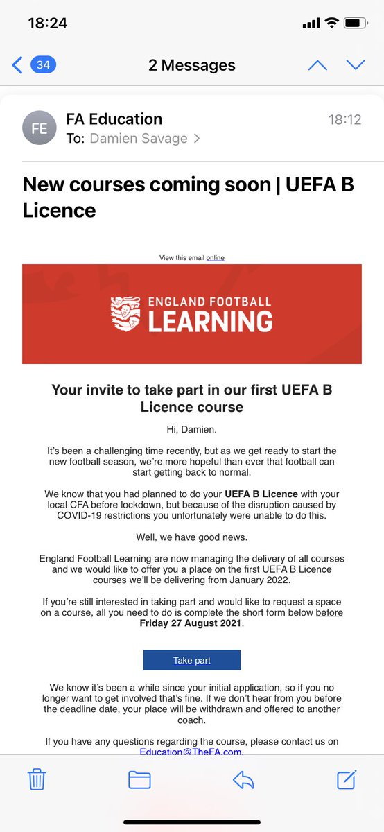 DamienSavage74's tweet photo. The coaching journey continues. After the course was cancelled in 2020 due to COVID didn’t think I’d get the opportunity again. 
Delighted to have been offered a place on the UEFA B course in January 2022. Can’t wait @LFACoaches @LancashireFA #betterneverstop https://t.co/t9Cu7tW8Dx