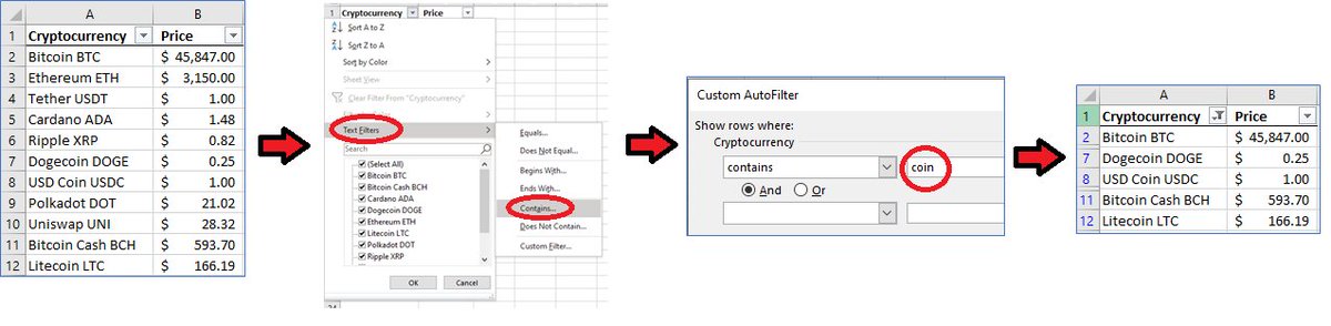 Excel tip: Filter data using "Contains"- or "Begins With"-like filters by selecting "Text Filters" in the filter's drop-down (after enabling "Filter" in the 'Sort &amp; Filter' menu).
#ExcelTips #Bitcoin #Crypto #MondayThought