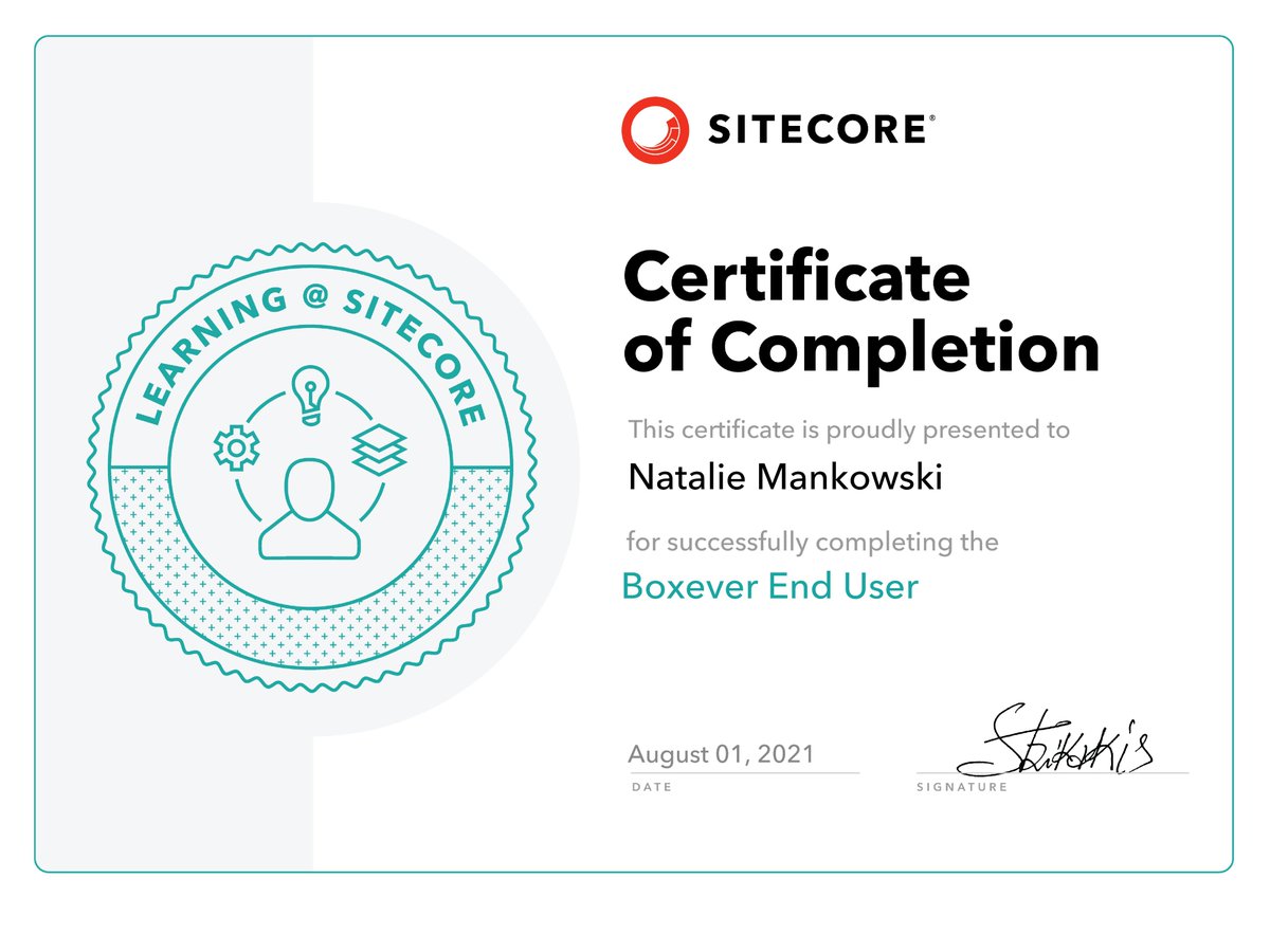 natmankowski's tweet photo. So happy to be officially certified in @Boxever / @Sitecore CDP! Absolutely salivating over everything Sitecore CDP can do.
Can't wait to help businesses create 1:1 experiences for their customers across any channels! π
#SitecoreCDP #Sitecore #Boxever https://t.co/6rWxRUr32U