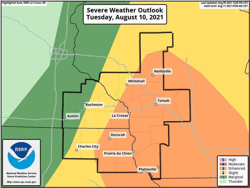 An ENHANCED (3/5) #SevereWX Risk in Extreme SE #Minnesota tomorrow.

Review #weather safety tips and emergency kit. Identify closest safe shelter and be aware of potential need to move vehicles, people, and animals for protection.

#MNwx #WIwx #RochMN #Rochester #LaCrosse #Winona https://t.co/OFyja1Aokq