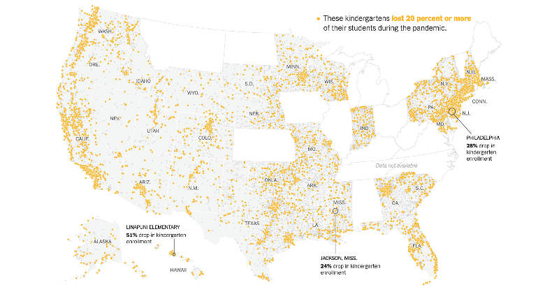 Stanford's tweet photo. School districts that went fully remote last year experienced the steepest K-5 enrollment declines, according to an analysis by @ProfTDee of @StanfordEd.