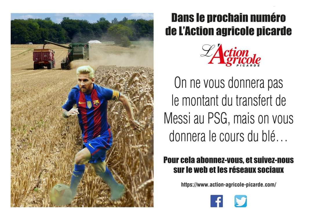 Preuve qu'on n'y connaît rien en #Football et son #Mercato à <a href="/AAPicarde/">L'Action agricole</a>, #Messi est libre de contrat donc pas de #transfert 😇 Par contre les questions ❓ agri 🐷🐮🐔🌾🚜 c'est + notre domaine 😋 #MessiAuPSG #abonnement #promo Cc <a href="/PresseAgri/">SNPAR</a> <a href="/afja1/">AFJA</a>