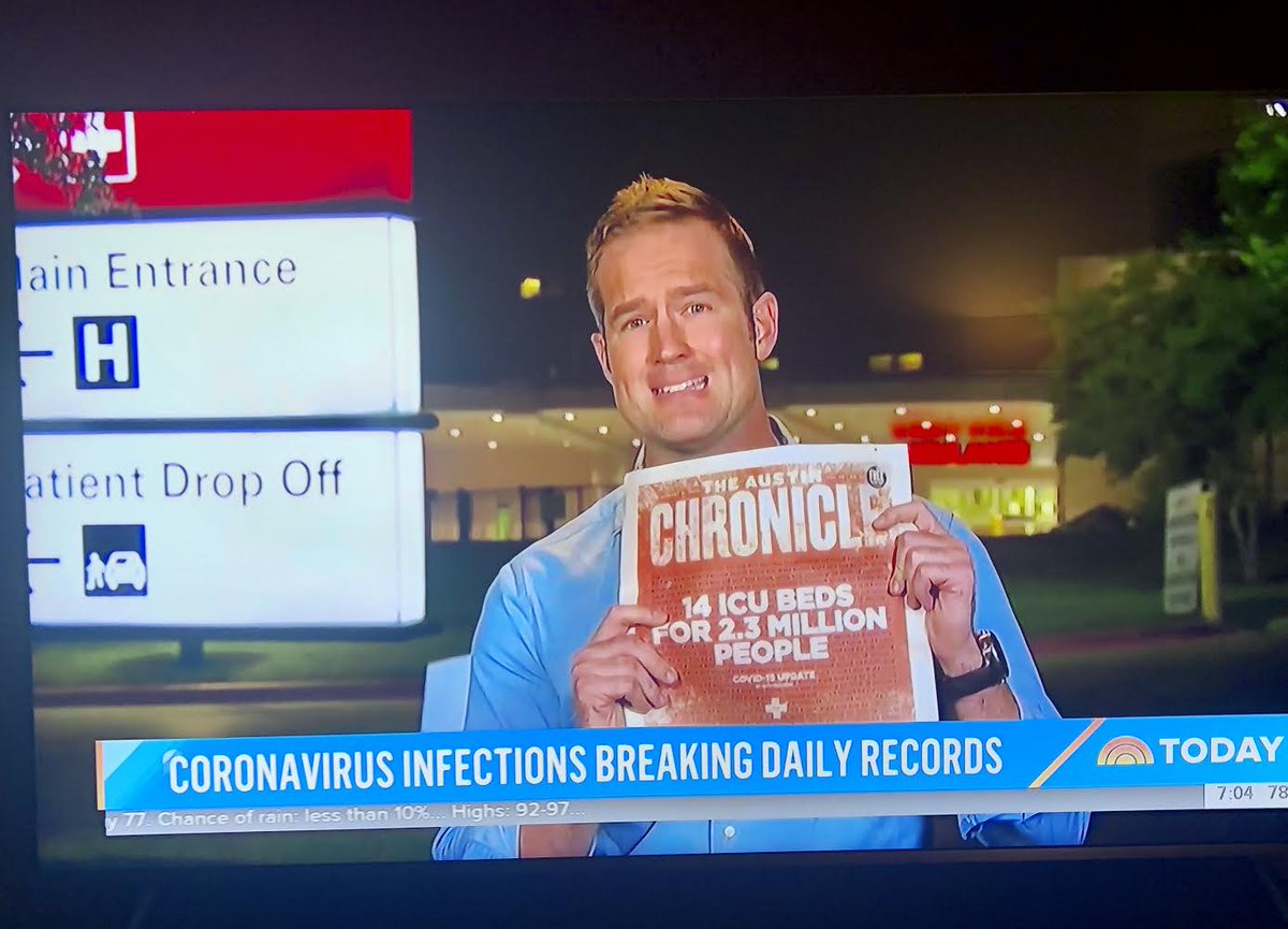 Kinda surreal to see my <a href="/AustinChronicle/">Austin Chronicle</a> cover story on the state of COVID-19 in Austin on this morning's <a href="/TODAYshow/">TODAY</a>. Sadly, that headline has only become more distressing: State data posted today shows *six*  ICU beds available for 2.3 million Central Texans.