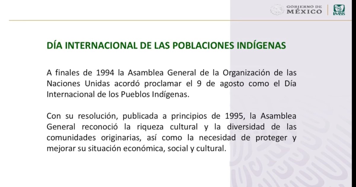 Patysanz10's tweet photo. #CSSXalapa #IMSS #PrestacionesSociales #DíaInternacionalpueblosindigenas 9 Agosto Día Internacional de los Pueblos Indígenas. Conoce más ingresando a la plataforma de Prestaciones sociales: https://t.co/xc0jhX2E9N https://t.co/rTAEEZdJd6