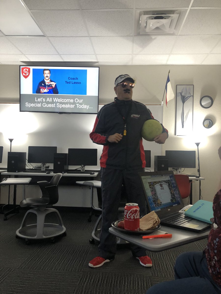 Amberleyf's tweet photo. @JMSteeleAHS great first morning back with “Ted Lasso” at staff development.  Nice job Mr. Rodgers! https://t.co/DbULpyYGO6