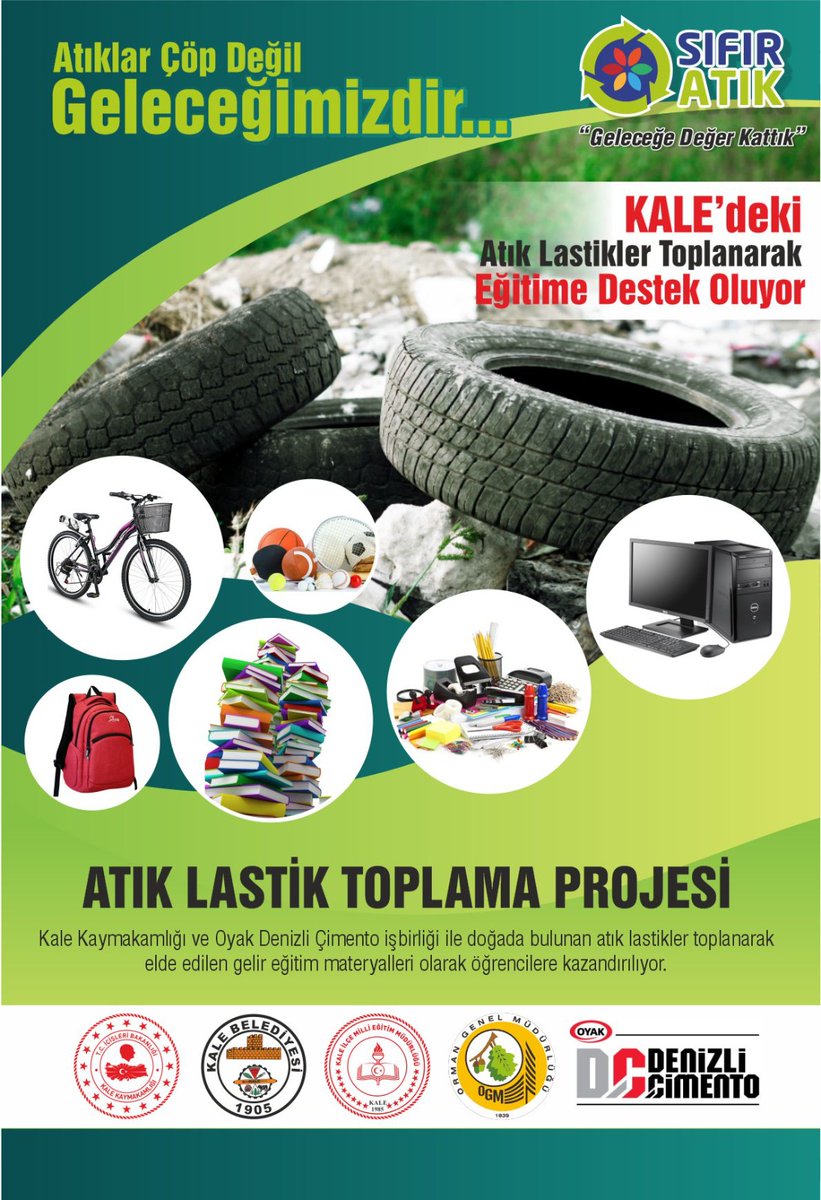 Hem doğa hem eğitim kazanacak.
Atık lastik toplama projesiyle vatandaşların çevre bilincini geliştirmek ve eğitime katkı sağlamak hedeflenmektedir.
<a href="/csbgovtr/">T.C. Çevre, Şehircilik ve İklim Dğş. Bakanlığı</a> 
<a href="/DenizliValiligi/">T.C.Denizli Valiliği 🇹🇷</a> 
@alifuatatik
@denizlibld 
<a href="/Kale_Belediyesi/">Kale Belediyesi</a>