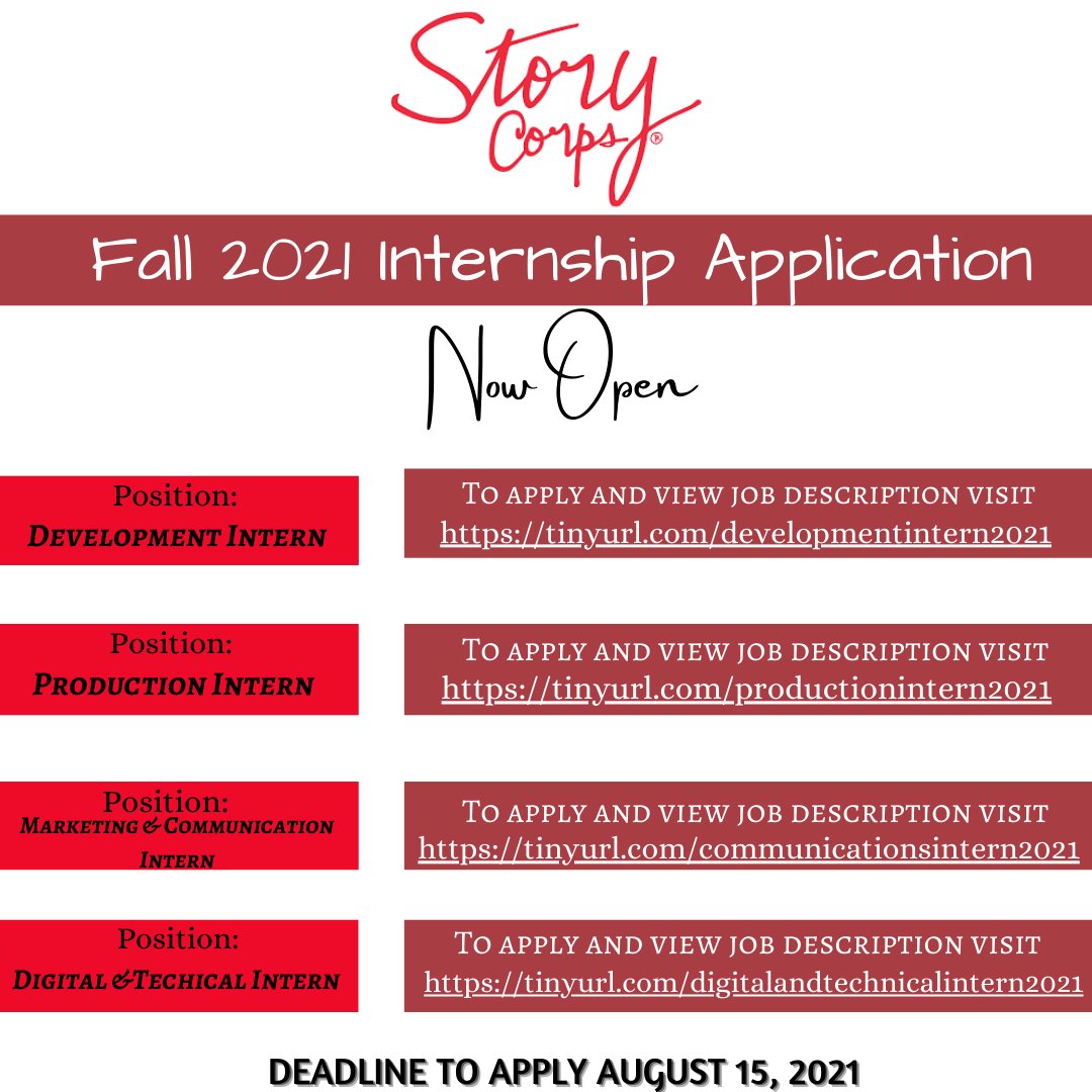 MagnerCenter's tweet photo. StoryCorps is now accepting applications for the Fall 2021 Internship Program.  All StoryCorps interns are paid $15 per hour and expected to work between 14 and 20 hours per week. Deadline to apply is  August 15, 2021.

#apply #career #advice #jobs #internship #fallintern https://t.co/T14Abq34Ax