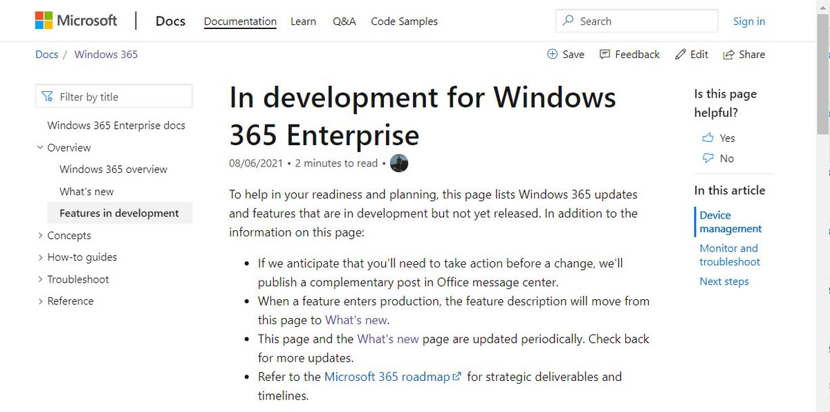 New #roadmap page, now available. Learn about all the #new features coming for #Windows365 - via our in development page. Go check it out here >> docs.microsoft.com/en-us/windows-…