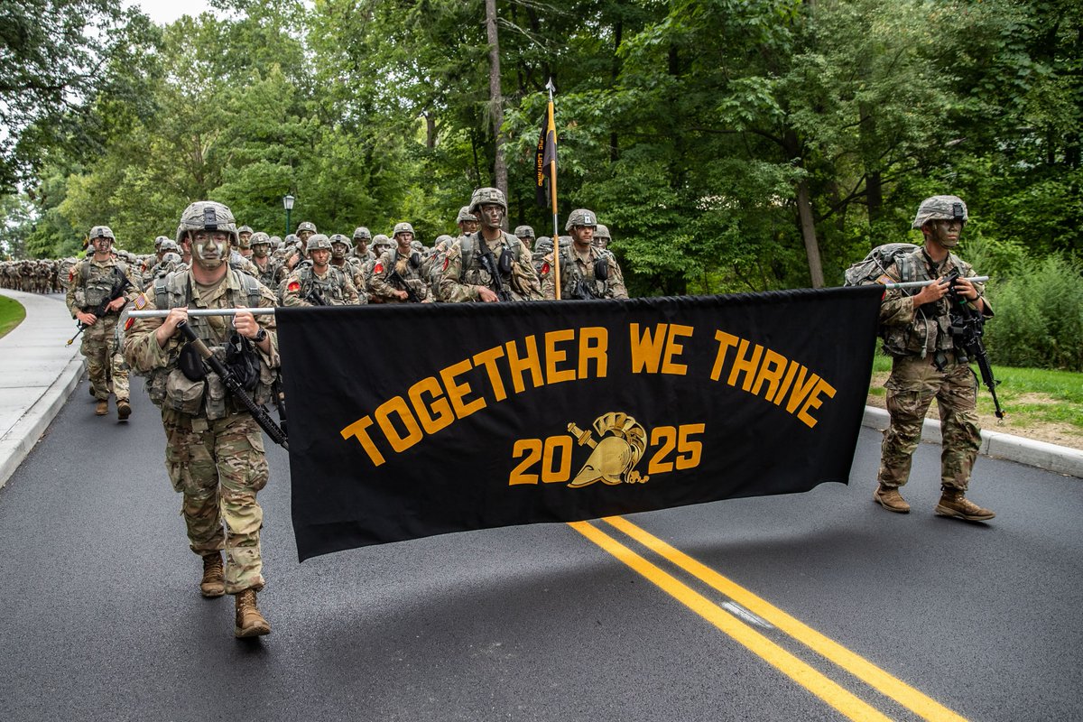 WestPoint_USMA's tweet photo. "Together We Thrive!" Members of #USMA2025 proudly display their motto as they complete the final leg of a 12.9-mile road march signifying the successful completion of Cadet Basic Training. #GoArmy #WestPoint #USMA #USArmy #MarchBack https://t.co/nNquiu6bdz