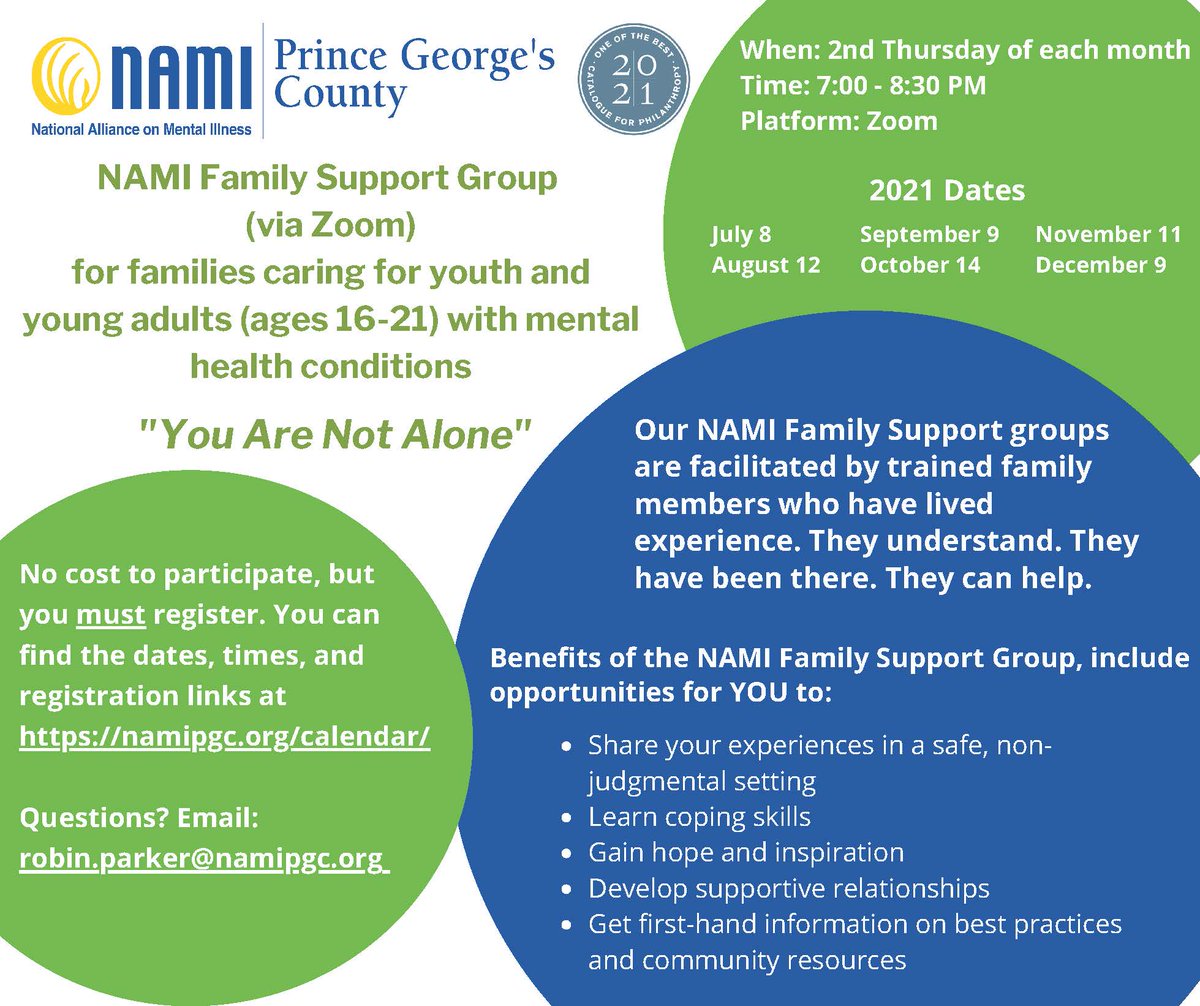 InNowOrg's tweet photo. The next meeting of @NAMI_PGC's Support Group (via Zoom) for families caring for youth and young adults (ages 16-21) with #mentalhealth conditions is Thursday, August 12, 7:00 - 8:30 PM. 

Meeting is free, registration required: https://t.co/vLQGWrBauH https://t.co/j25lNkBCrm