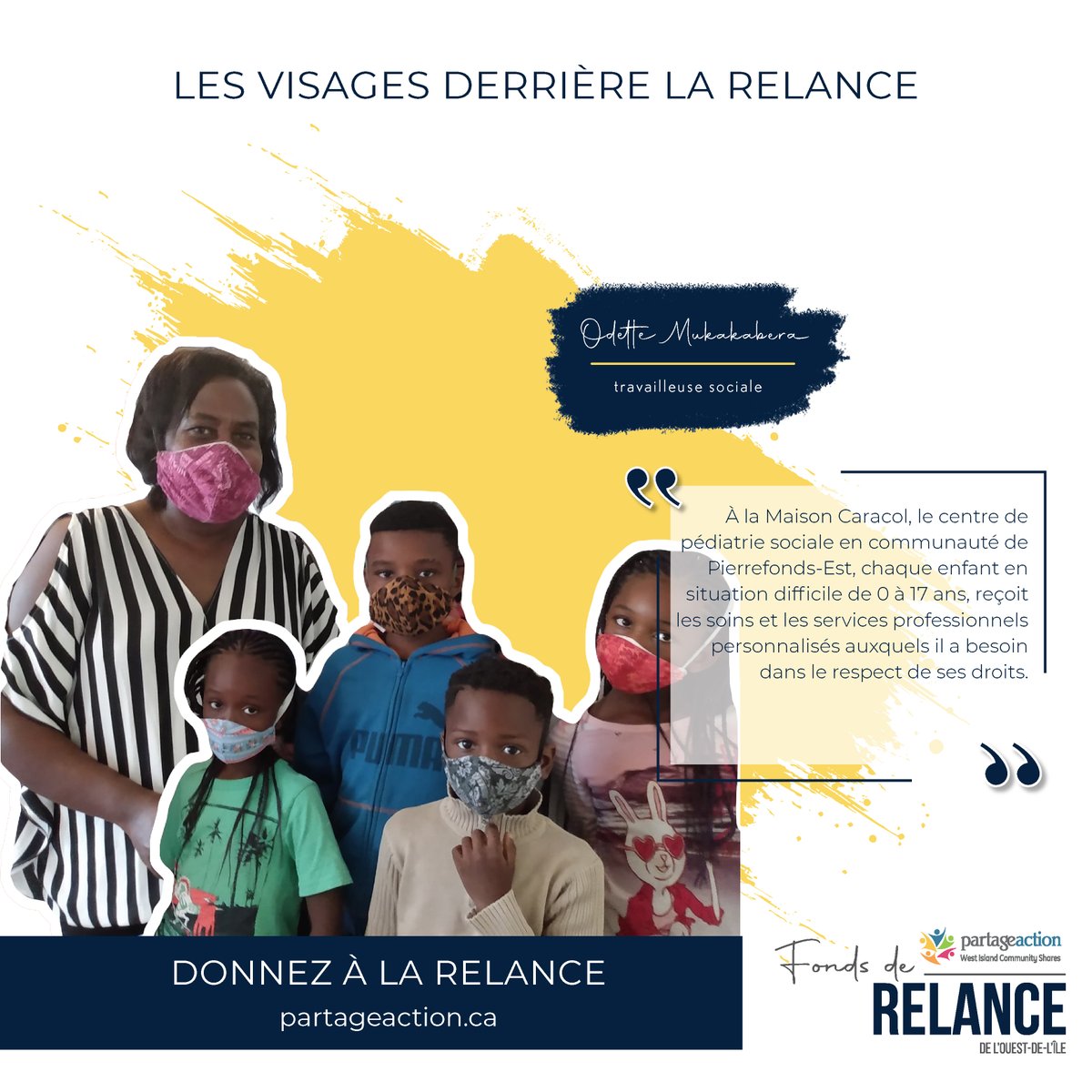 Il nous fait plaisir de lancer aujourd'hui notre nouvelle campagne « Les visages derrière la relance ». Votre don au Fonds de relance aura un impact majeur pour les organismes de charités tels que la <a href="/maisoncaracol/">Maison Caracol</a> Aidons-les à continuer leur mission: bit.ly/FondsDeRelance