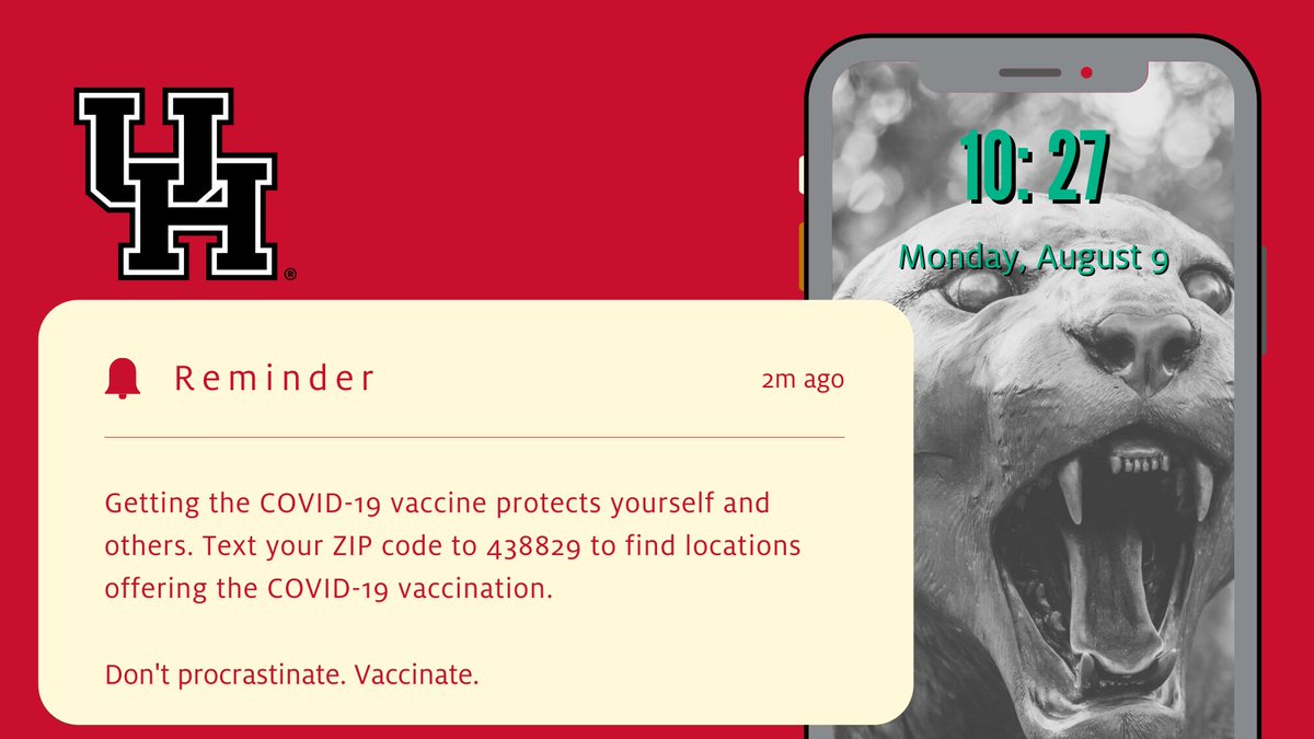 Hey Coogs! Don’t wait til school starts to get the free COVID-19 vaccine! Don’t know where to get the shot? Text your ZIP code to GETVAX (438829) in English, or to VACUNA (822862) to find locations! You can even get a ride. #TakeYourShot #GetVaxxed