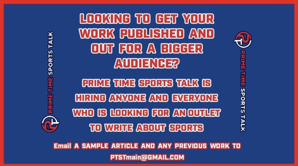 Prime Time Sports Talk (@talkprimetime) on Twitter photo Prime Time Sports Talk is looking to hire active sports writers who want a platform to consistently publish their work!
If you want to write about NFL, NBA, MLB, NHL, NASCAR, DFS, or fantasy sports, email PTSTmain@gmail.com a sample article and/or any previous work. Prime Time Sports Talk is looking to hire active sports writers who want a platform to consistently publish their work!
If you want to write about NFL, NBA, MLB, NHL, NASCAR, DFS, or fantasy sports, email PTSTmain@gmail.com a sample article and/or any previous work.
